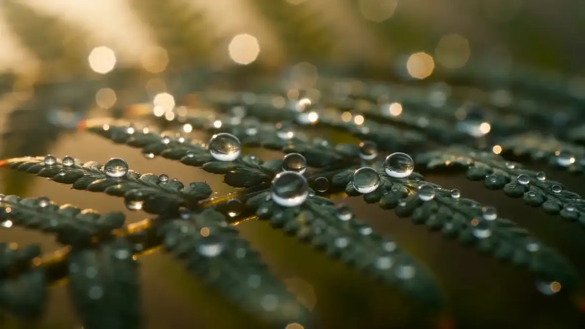 AI video: morning dew on alpine grass, slow lateral tracking shot with soft backlight.
