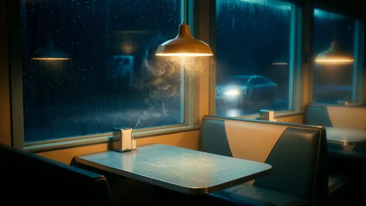 AI video: diner window portrait, dialogue-ready framing.