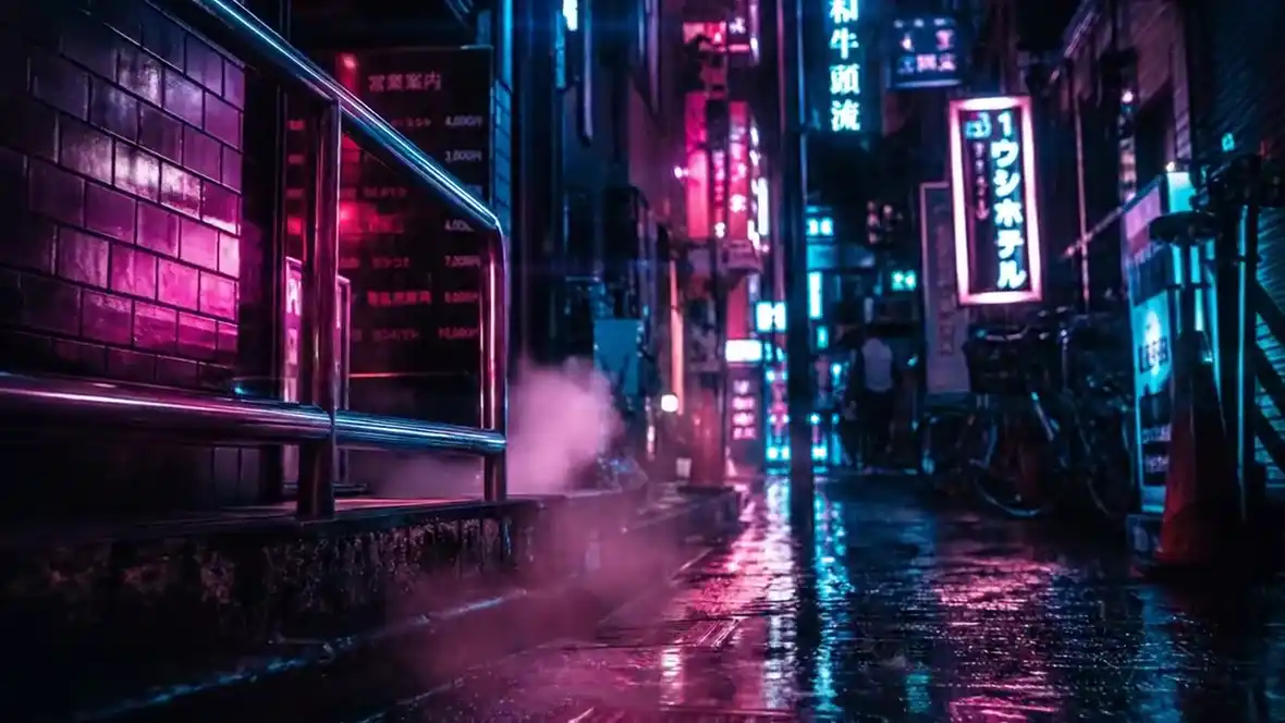 AI video: neon-lit portrait with a subtle head turn, dialogue-ready framing.